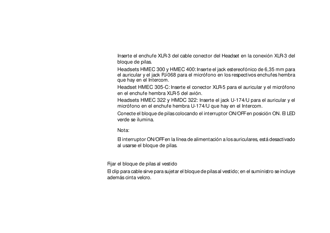 Sennheiser HD400 manual Empalmar el Headset y conectar el bloque de pilas, Nota, Fijar el bloque de pilas al vestido, 198 