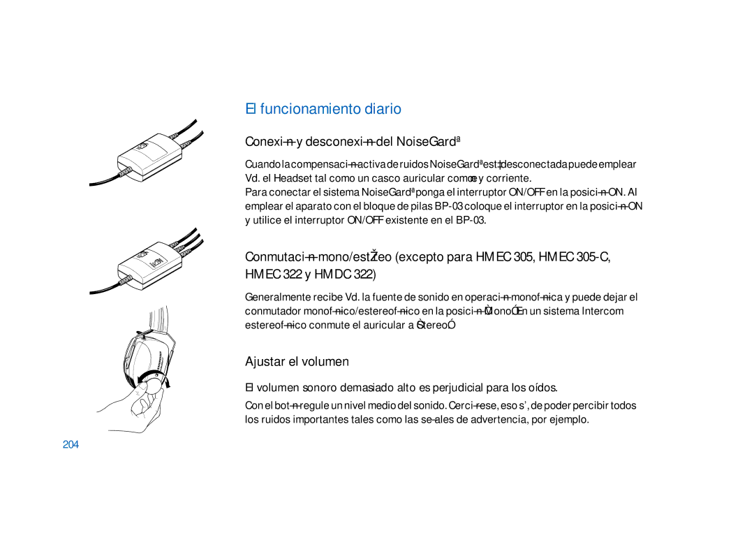 Sennheiser HD400 manual El funcionamiento diario, Conexión y desconexión del NoiseGard, Ajustar el volumen, 204 