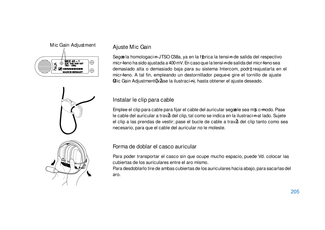 Sennheiser HD400 manual Ajuste Mic Gain, Instalar le clip para cable, Forma de doblar el casco auricular, 205 