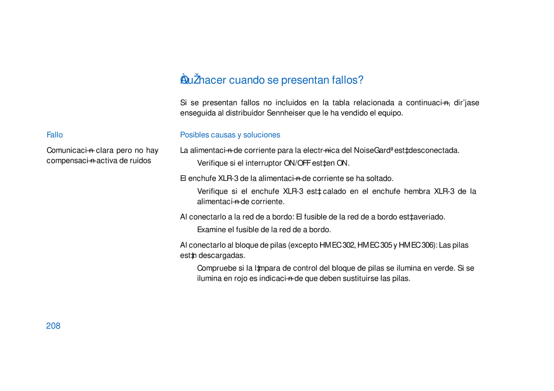 Sennheiser HD400 manual ¿Qué hacer cuando se presentan fallos?, Fallo, Posibles causas y soluciones, 208 