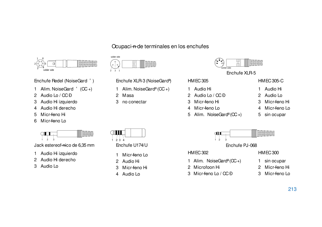 Sennheiser HD400 manual Ocupación de terminales en los enchufes, 213 