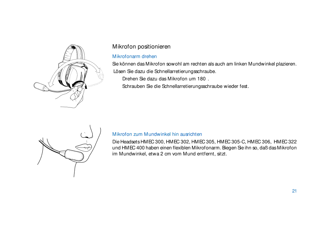 Sennheiser HD400 manual Mikrofon positionieren, Mikrofonarm drehen, Mikrofon zum Mundwinkel hin ausrichten 