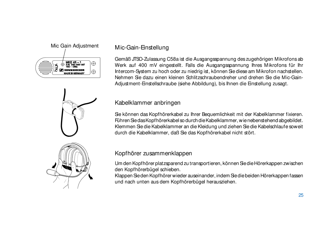 Sennheiser HD400 manual Mic-Gain-Einstellung, Kabelklammer anbringen, Kopfhörer zusammenklappen 