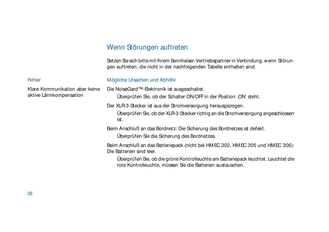 Sennheiser HD400 manual Wenn Störungen auftreten, Fehler, Mögliche Ursachen und Abhilfe 