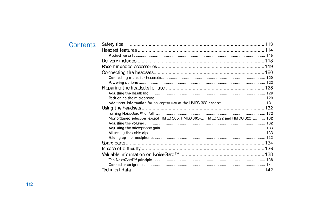 Sennheiser HD400 manual Preparing the headsets for use 128, 112 