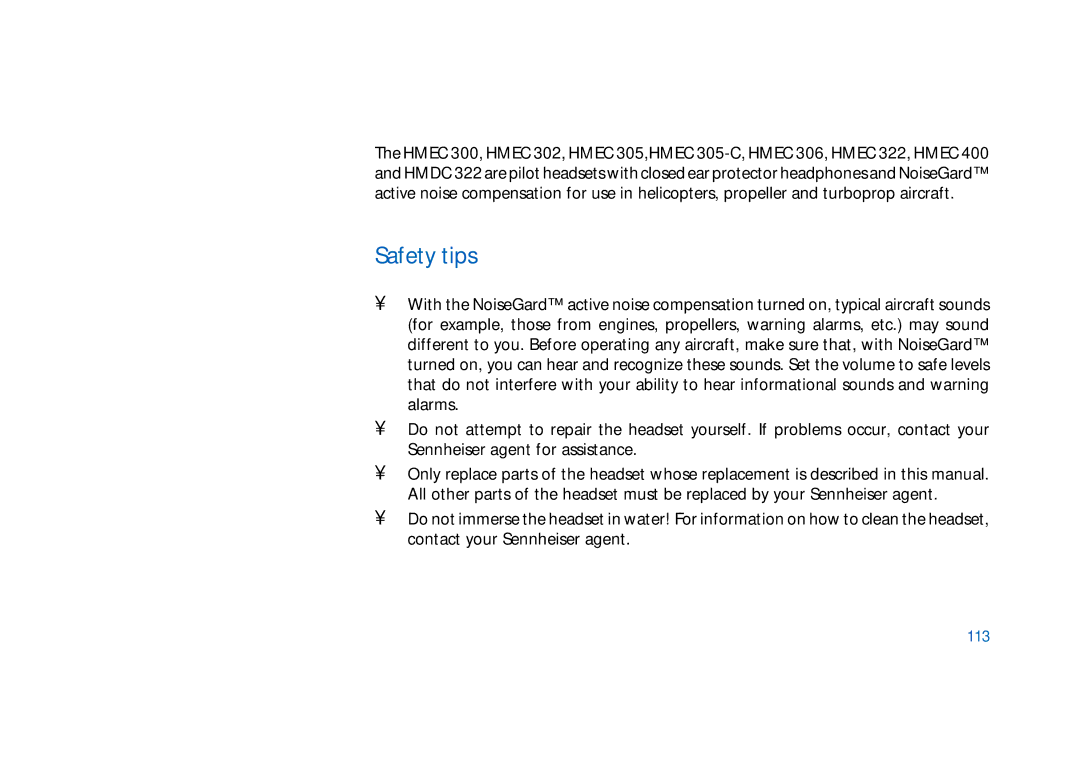 Sennheiser HD400 manual Safety tips, 113 