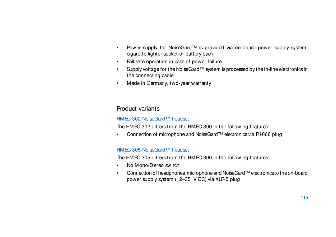 Sennheiser HD400 manual Product variants, Hmec 302 NoiseGard headset, Hmec 305 NoiseGard headset, 115 