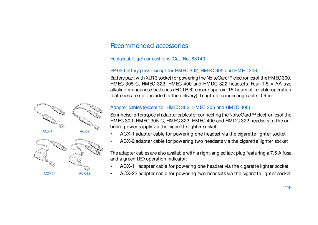 Sennheiser HD400 manual Recommended accessories, Adapter cables except for Hmec 302, Hmec 305 and Hmec, 119 