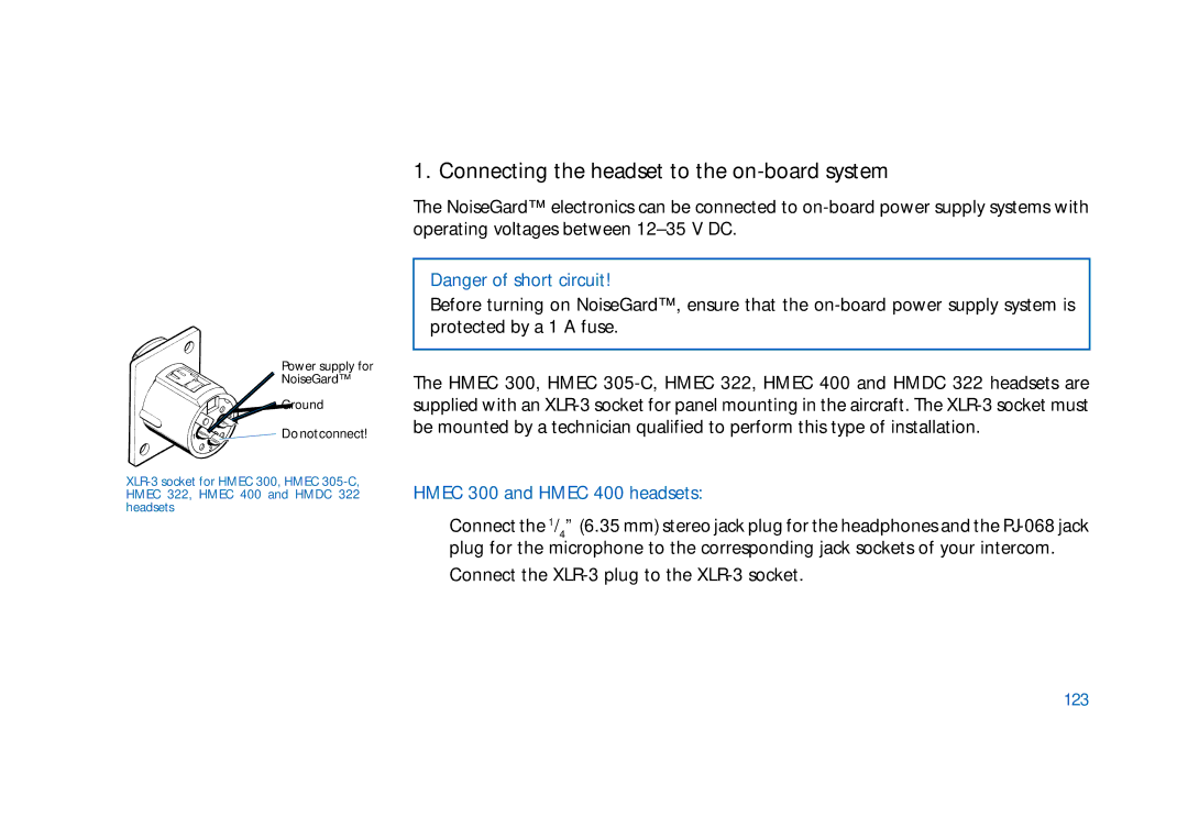 Sennheiser HD400 manual Connecting the headset to the on-board system, 123 