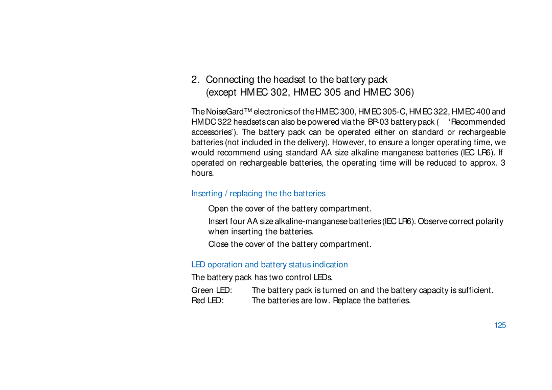 Sennheiser HD400 manual Inserting / replacing the the batteries, LED operation and battery status indication, 125 