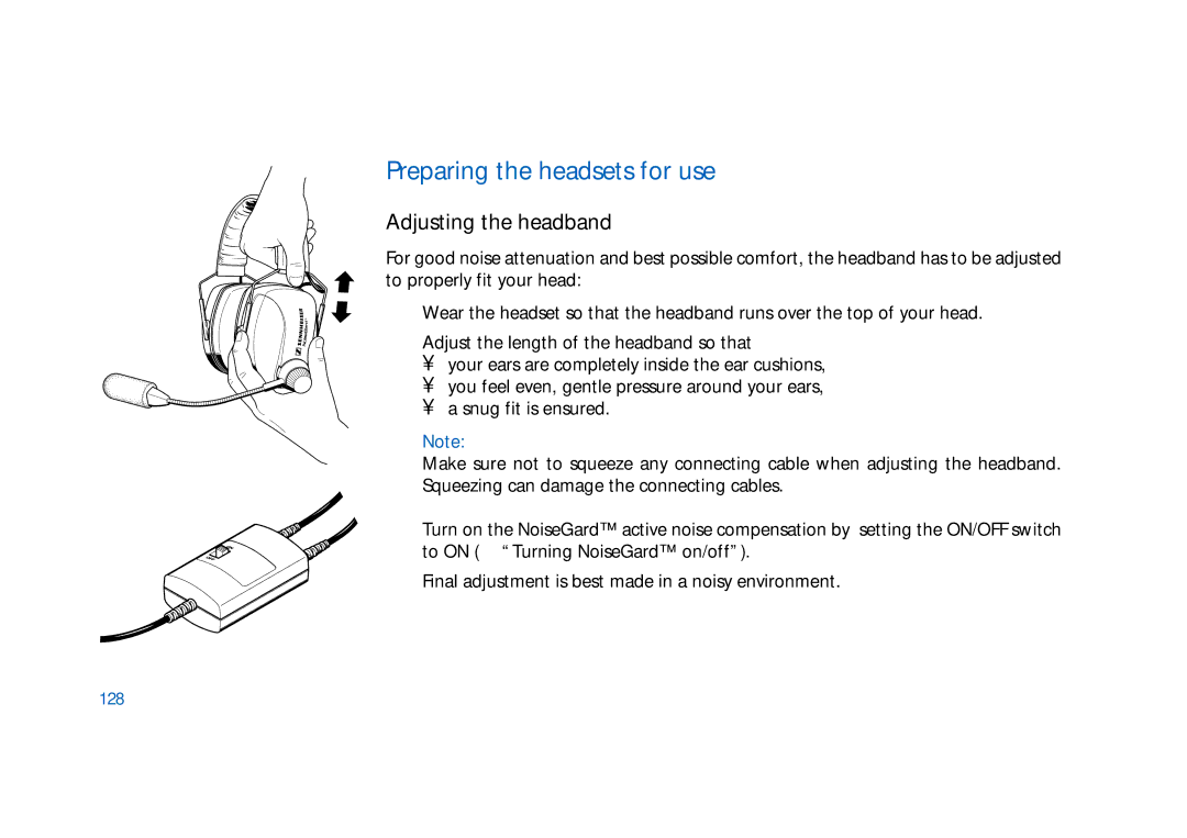 Sennheiser HD400 manual Preparing the headsets for use, Adjusting the headband, 128 