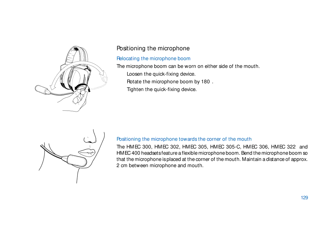 Sennheiser HD400 manual Positioning the microphone, Relocating the microphone boom, 129 