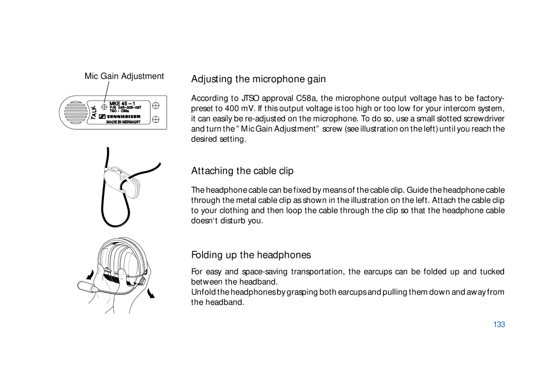 Sennheiser HD400 manual Adjusting the microphone gain, Attaching the cable clip, Folding up the headphones, 133 