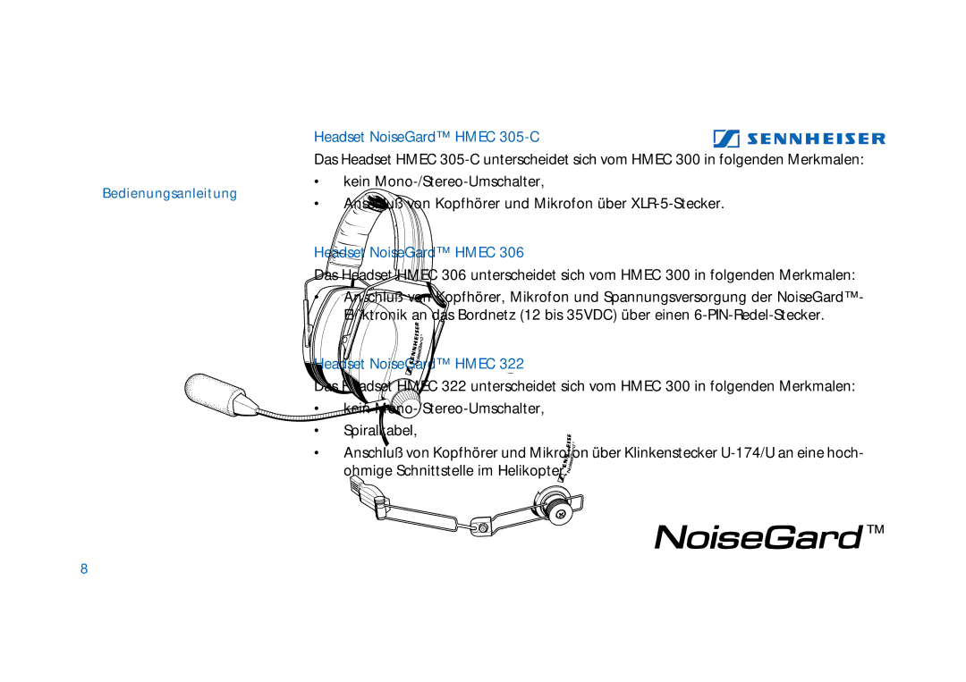 Sennheiser HD400 manual Headset NoiseGard Hmec 305-C 