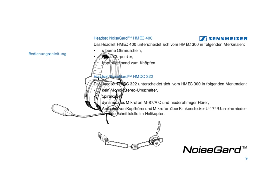 Sennheiser HD400 manual Headset NoiseGard Hmdc 