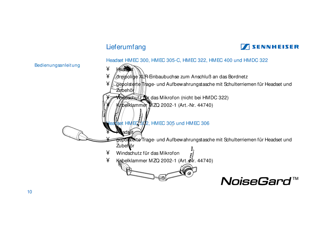 Sennheiser HD400 manual Lieferumfang, Headset Hmec 300, Hmec 305-C, Hmec 322, Hmec 400 und Hmdc 