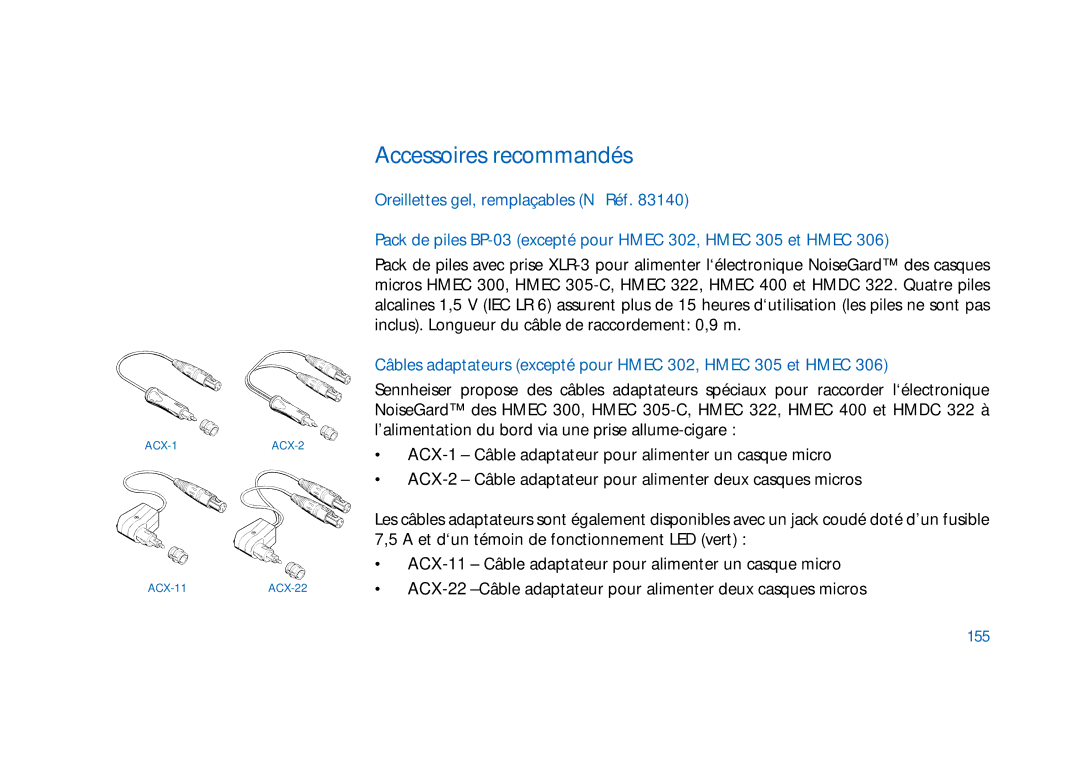 Sennheiser HD400 manual Accessoires recommandés, Câbles adaptateurs excepté pour Hmec 302, Hmec 305 et Hmec, 155 