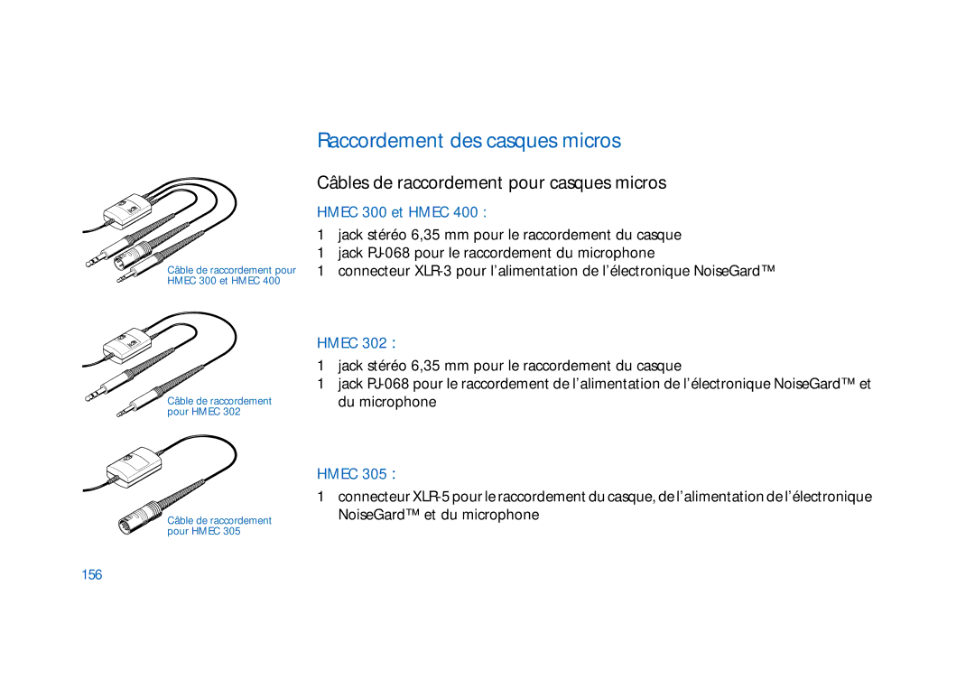 Sennheiser HD400 manual Raccordement des casques micros, Câbles de raccordement pour casques micros, Hmec 300 et Hmec, 156 