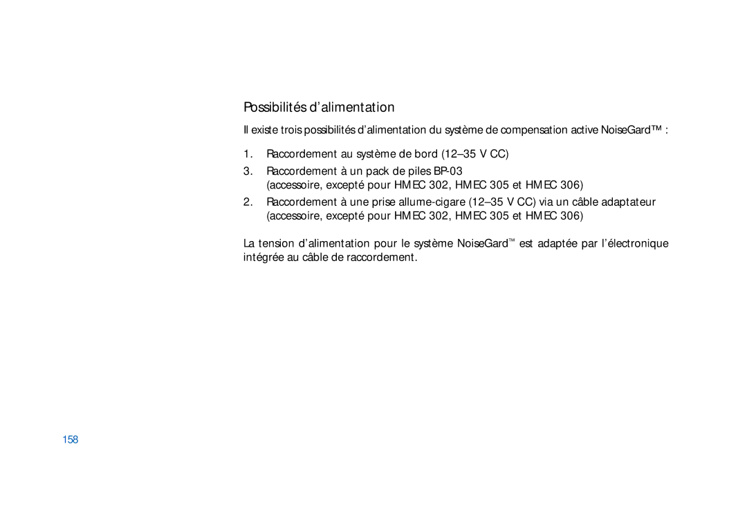 Sennheiser HD400 manual Possibilités d’alimentation, 158 