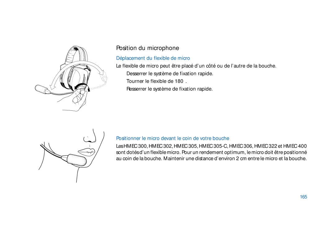 Sennheiser HD400 manual Position du microphone, Déplacement du flexible de micro, 165 