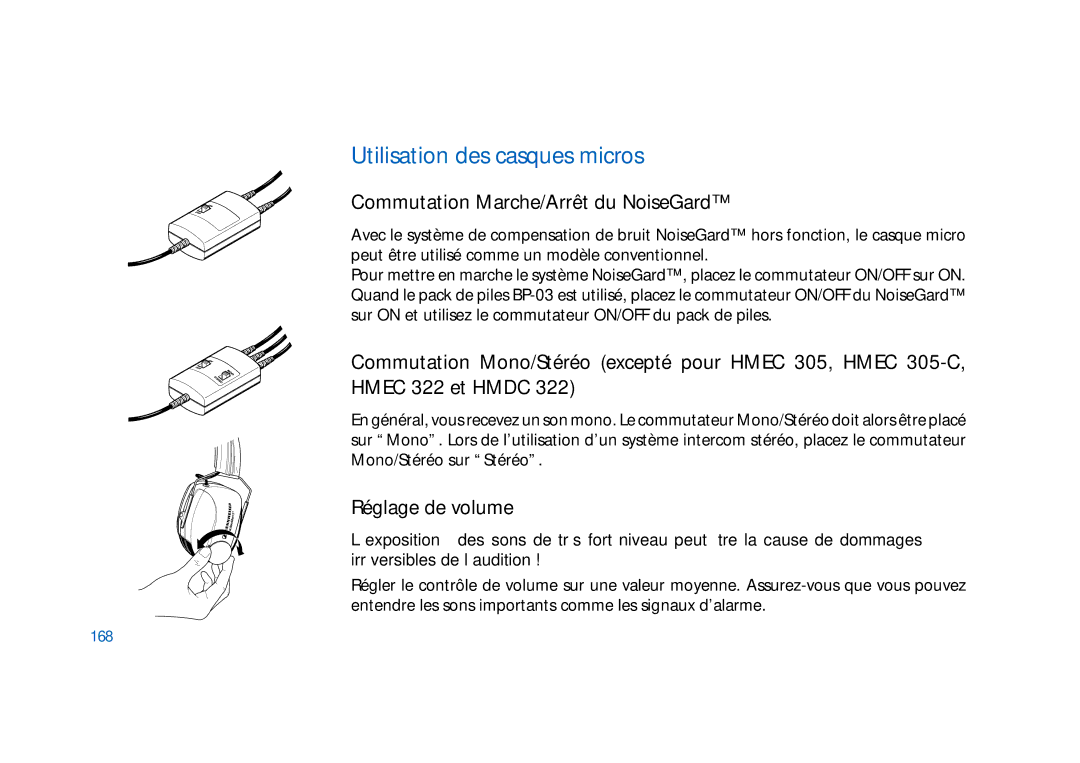 Sennheiser HD400 manual Utilisation des casques micros, Commutation Marche/Arrêt du NoiseGard, Réglage de volume, 168 