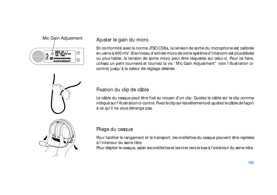 Sennheiser HD400 manual Ajuster le gain du micro, Fixation du clip de câble, Pliage du casque, 169 