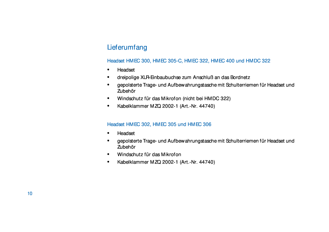 Sennheiser HD400 manual Lieferumfang, Headset HMEC 300, HMEC 305-C, HMEC 322, HMEC 400 und HMDC 
