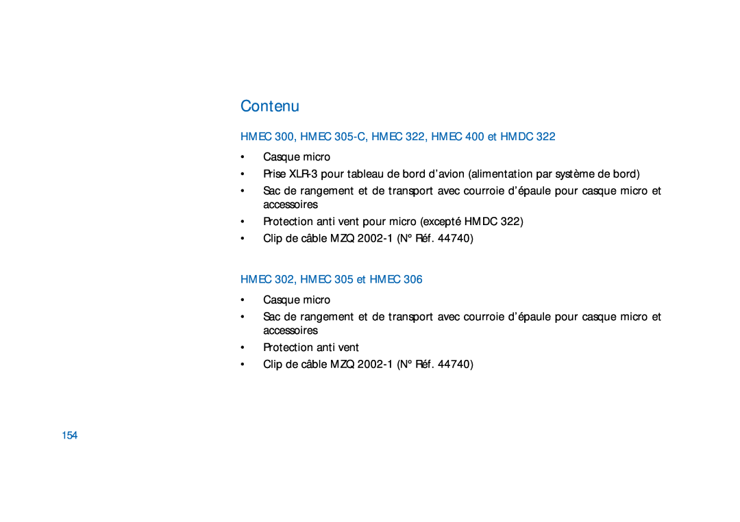 Sennheiser HD400 manual Contenu, HMEC 300, HMEC 305-C, HMEC 322, HMEC 400 et HMDC, HMEC 302, HMEC 305 et HMEC 