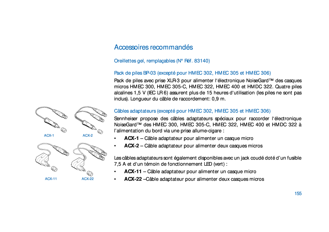Sennheiser HD400 manual Accessoires recommandés, Oreillettes gel, remplaçables N Réf 