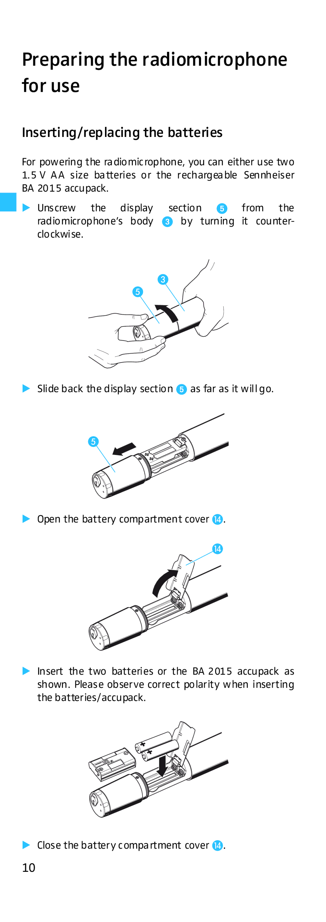 Sennheiser HD500 manual Preparing the radiomicrophone for use, Inserting/replacing the batteries 