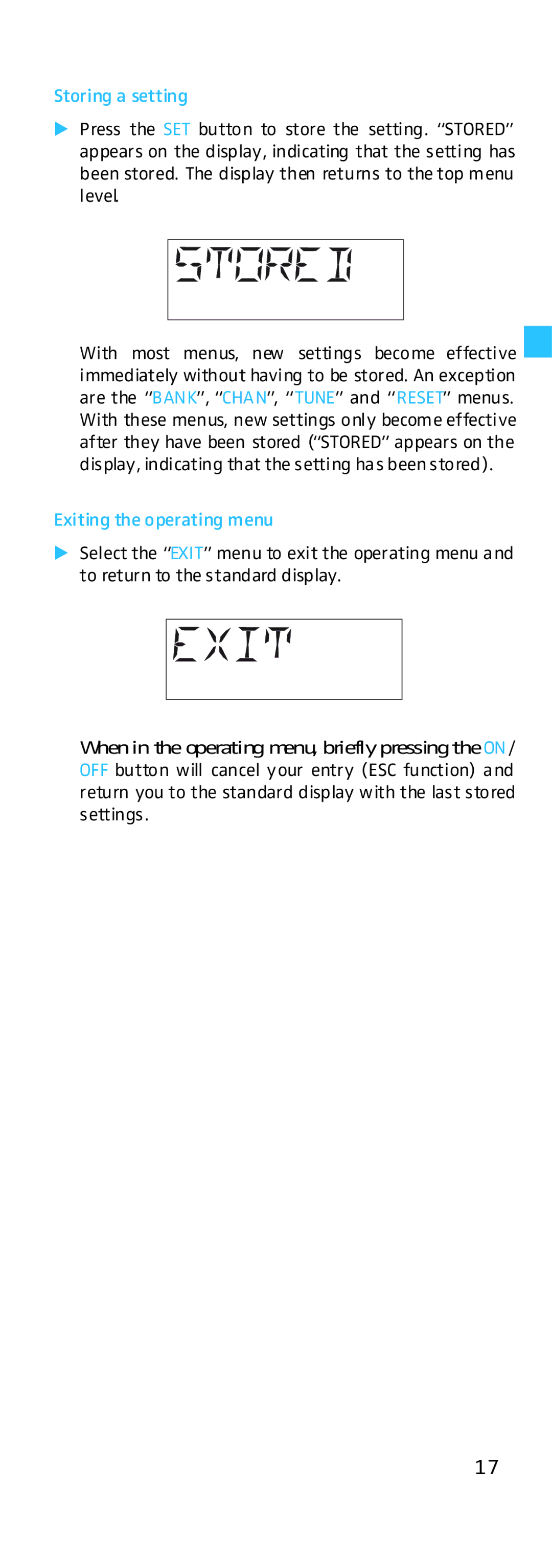 Sennheiser HD500 manual Storing a setting, Exiting the operating menu 