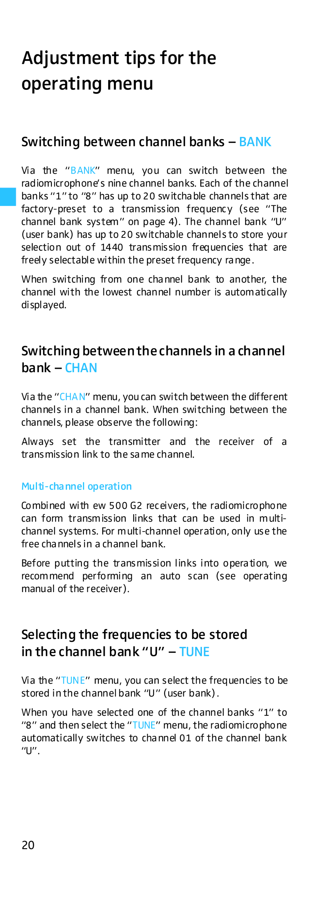 Sennheiser HD500 Adjustment tips for the operating menu, Switching between channel banks Bank, Multi-channel operation 