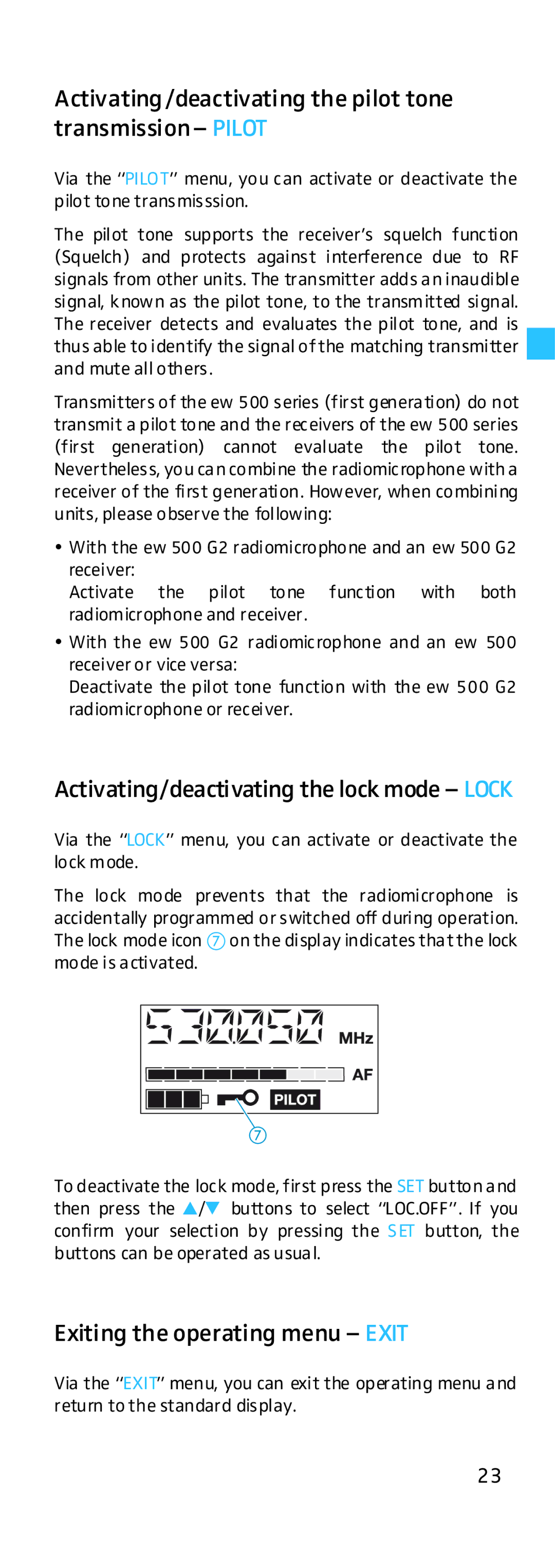 Sennheiser HD500 Activating/deactivating the pilot tone transmission- Pilot, Activating/deactivating the lock mode Lock 