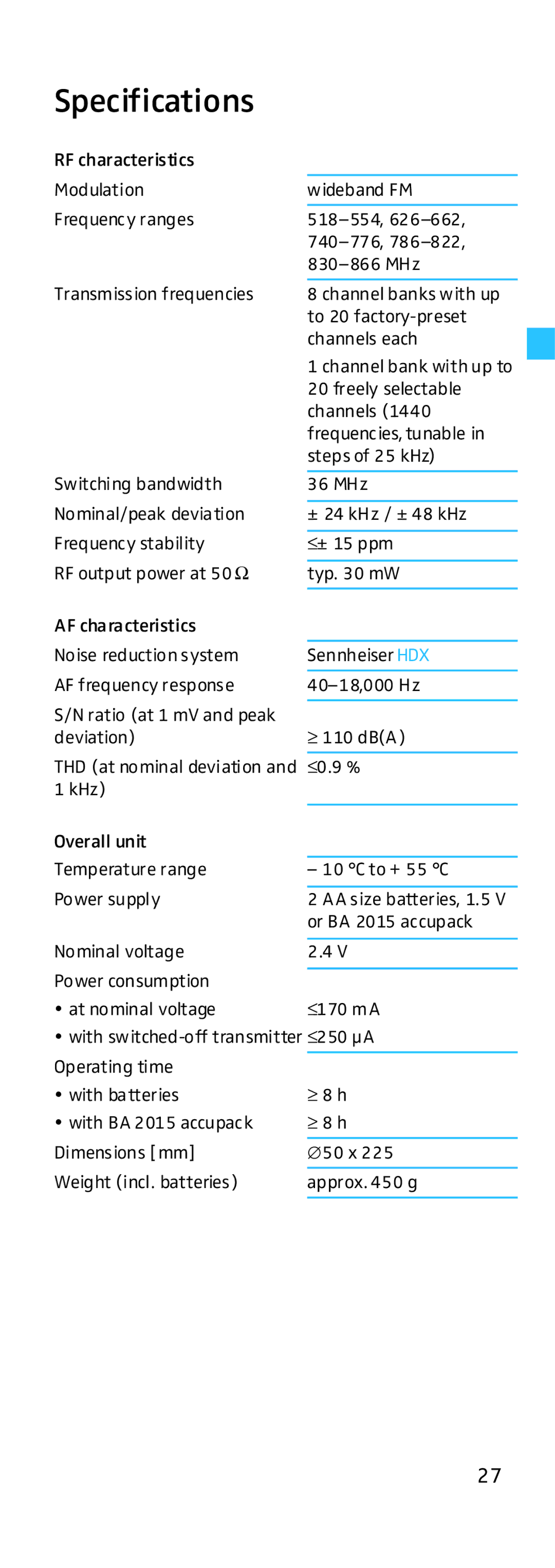 Sennheiser HD500 manual Specifications 