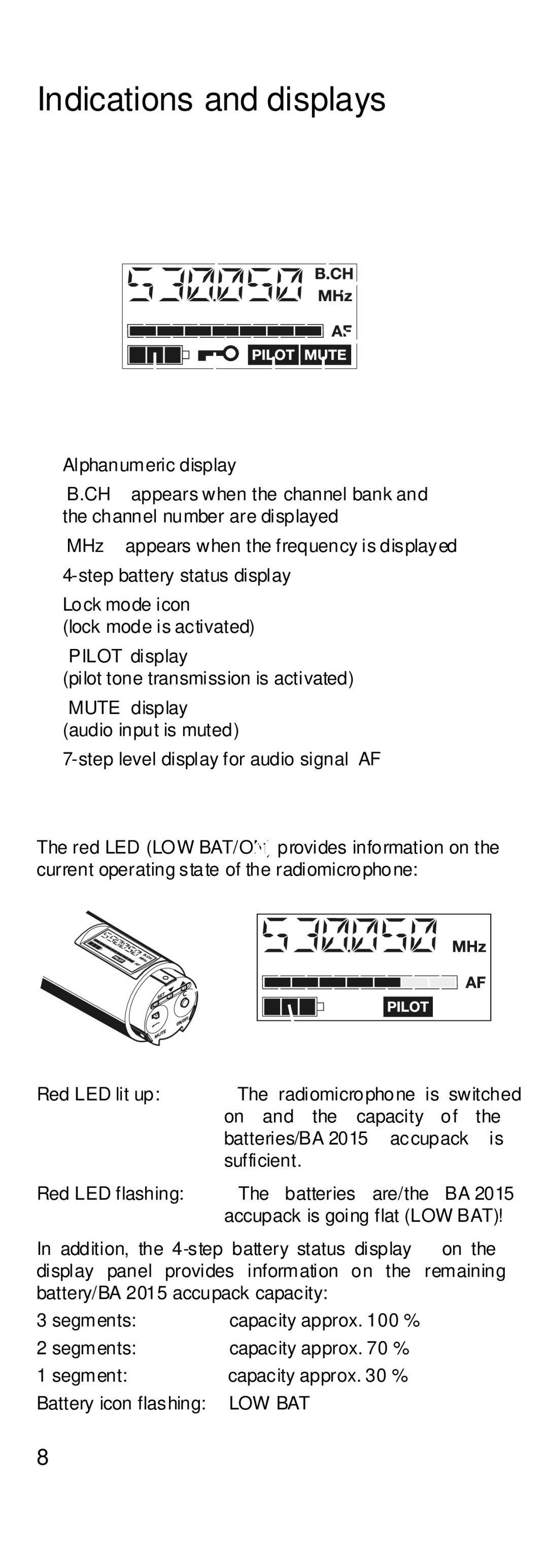 Sennheiser HD500 manual Indications and displays, LC display panel, Operation and battery status indication 