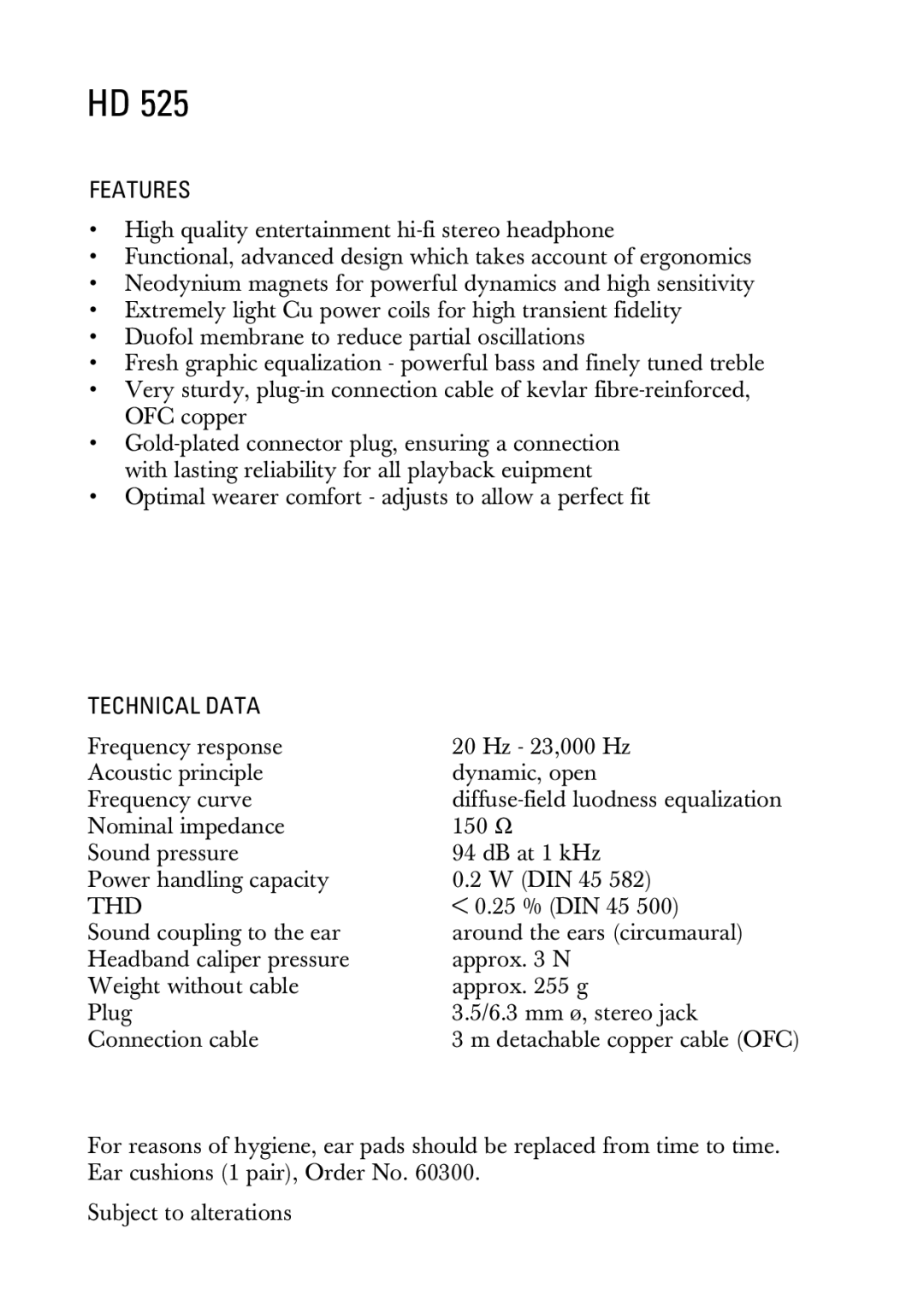 Sennheiser HD525 manual Features, Technical Data 