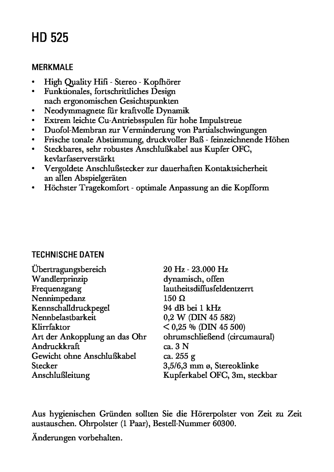 Sennheiser HD525 manual Merkmale, Technische Daten 