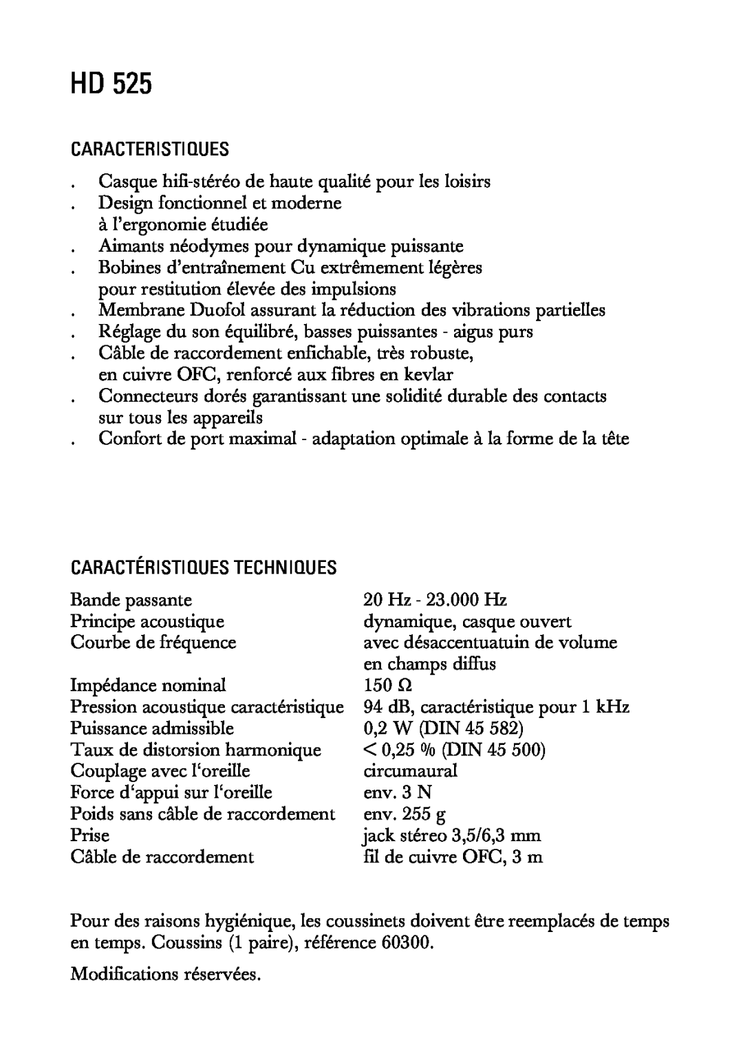Sennheiser HD525 manual Caracteristiques 