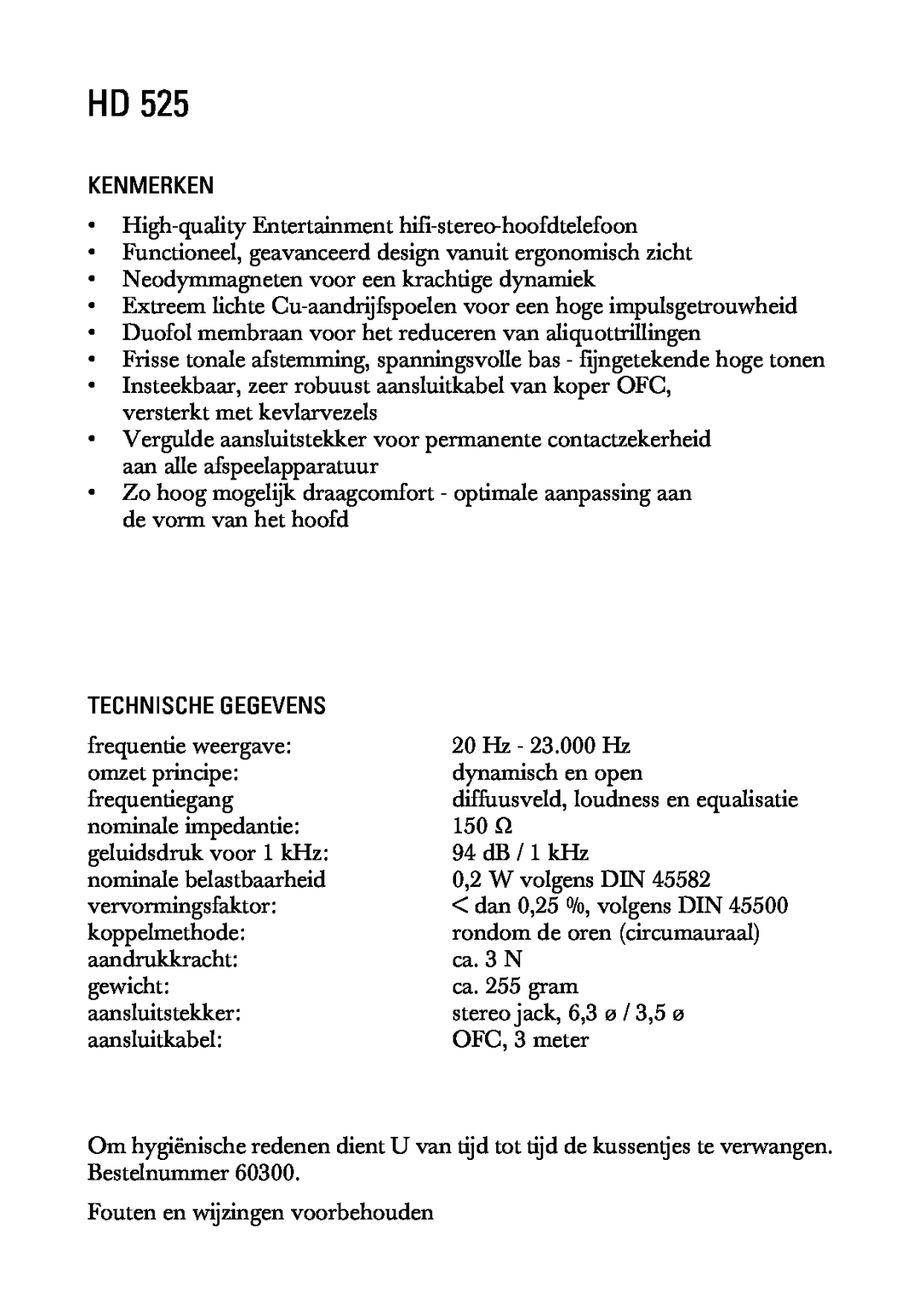 Sennheiser HD525 manual Kenmerken, Technische Gegevens 