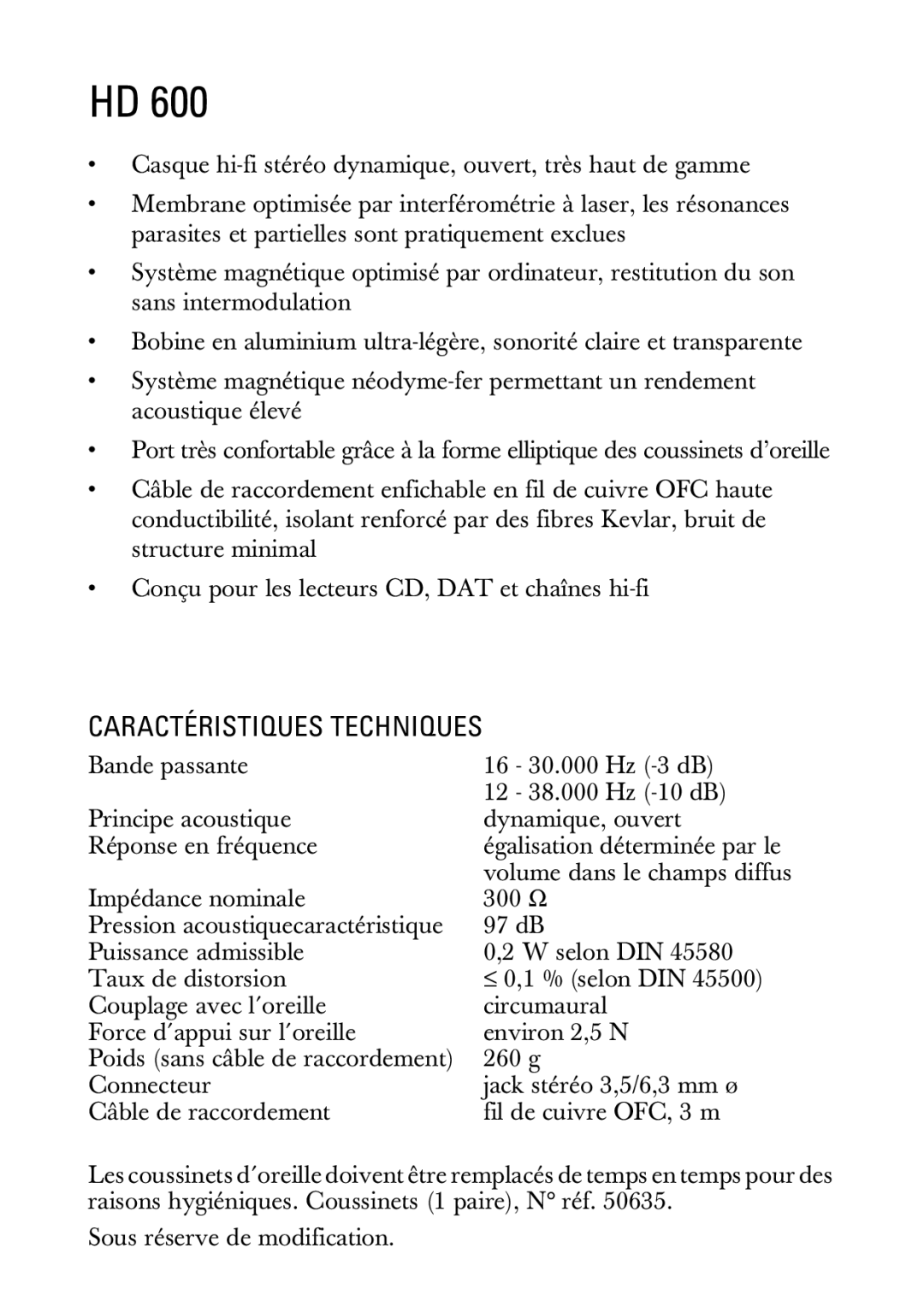 Sennheiser HD600 manual Caractéristiques Techniques 