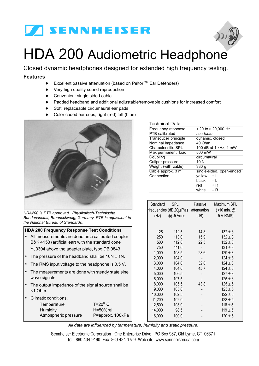 Sennheiser manual HDA 200 Audiometric Headphone, Features, Technical Data, HDA 200 Frequency Response Test Conditions 