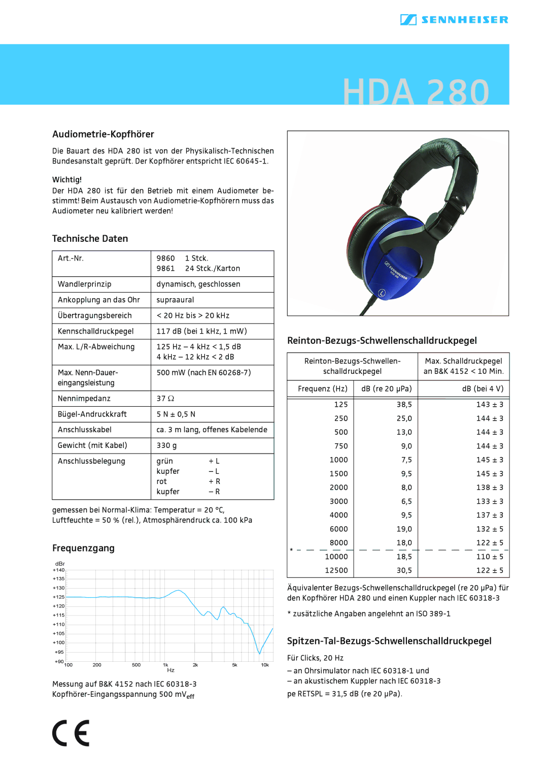 Sennheiser HDA 280 manual Audiometrie-Kopfhörer, Technische Daten, Frequenzgang, Reinton-Bezugs-Schwellenschalldruckpegel 