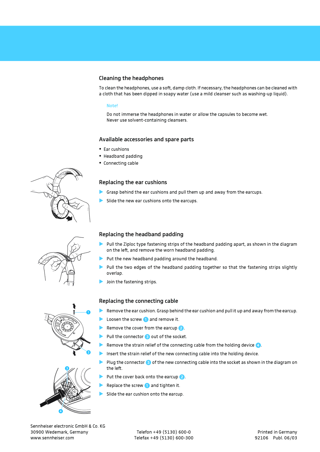 Sennheiser HDA 280 manual Cleaning the headphones, Available accessories and spare parts, Replacing the ear cushions 