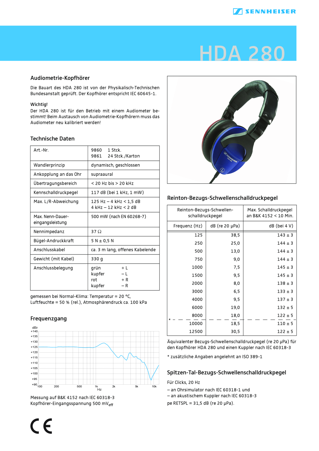 Sennheiser HDA 280 manual Audiometrie-Kopfhörer, Technische Daten, Frequenzgang, Reinton-Bezugs-Schwellenschalldruckpegel 