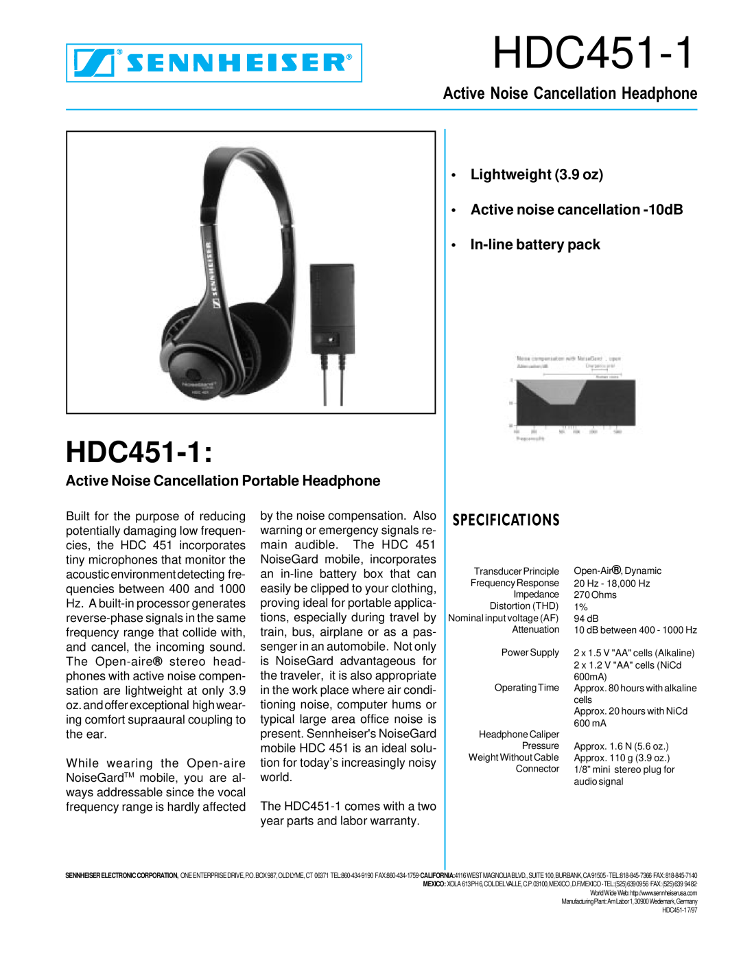 Sennheiser HDC 451-1 specifications HDC451-1, Active Noise Cancellation Headphone, Specifications, Lightweight 3.9 oz 