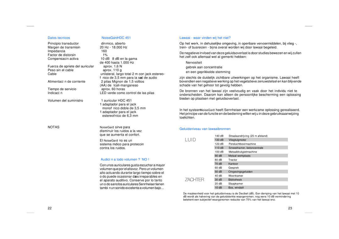 Sennheiser HDC 451 manual Luid, Zachter, Notas 