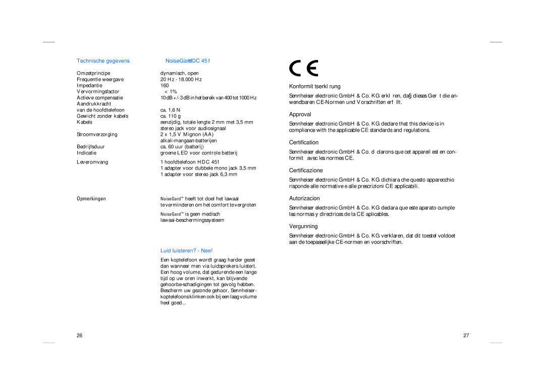 Sennheiser HDC 451 manual Technische gegevens NoiseGard HDC, Luid luisteren? Nee 