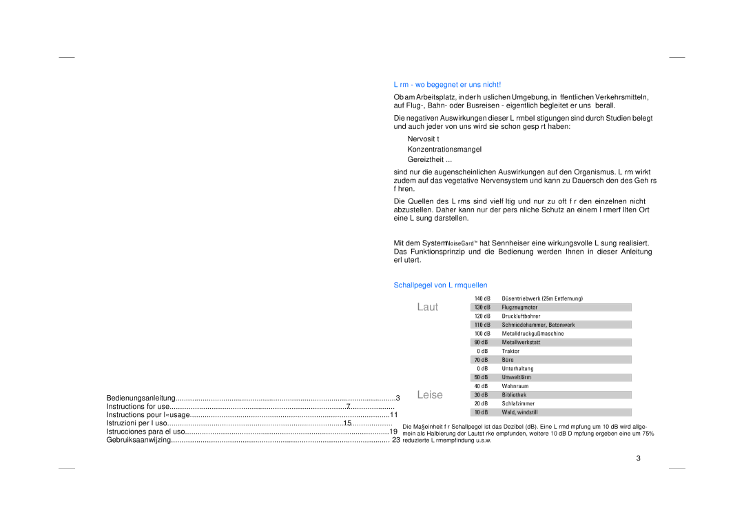 Sennheiser HDC 451 manual Lärm wo begegnet er uns nicht, Schallpegel von Lärmquellen 