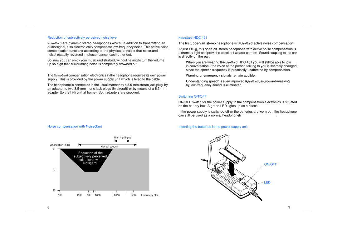 Sennheiser HDC 451 Reduction of subjectively perceived noise level, Noise compensation with NoiseGard, Switching ON/OFF 