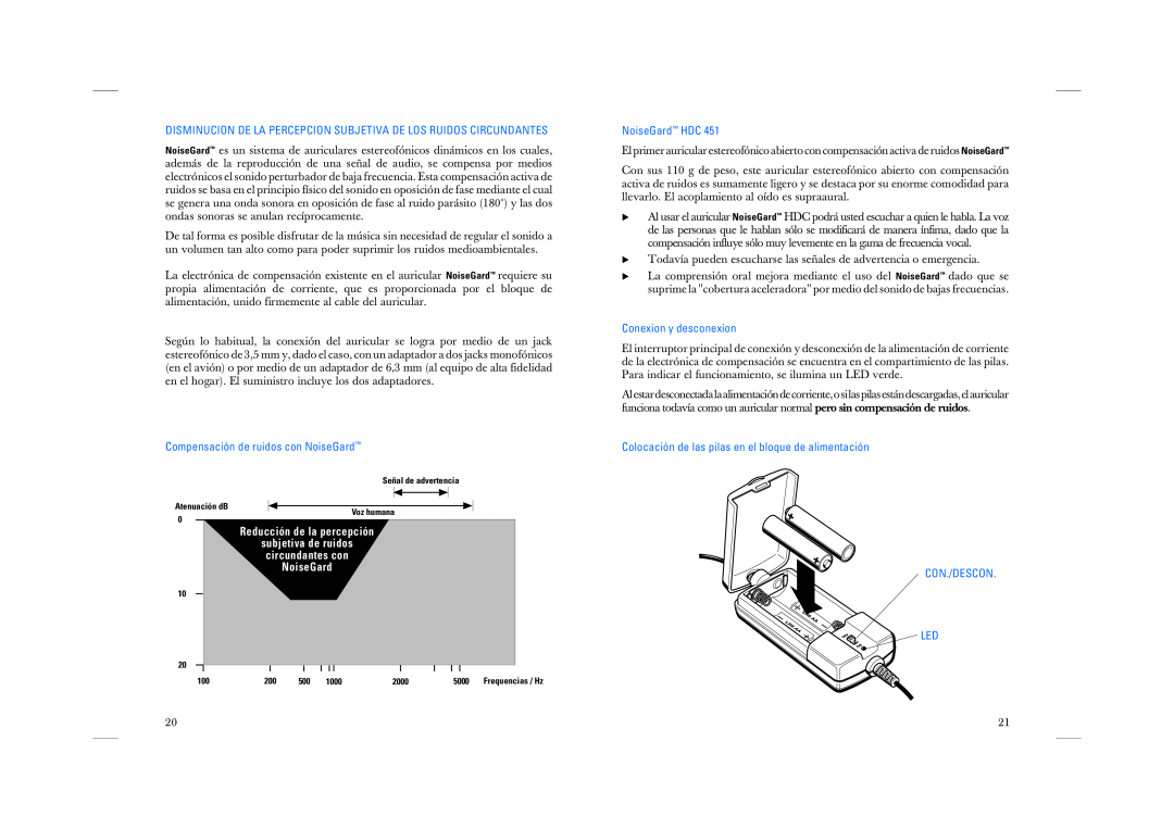 Sennheiser HDC 451 manual Compensación de ruidos con NoiseGard, NoiseGard HDC, Conexion y desconexion, Con./Descon Led 